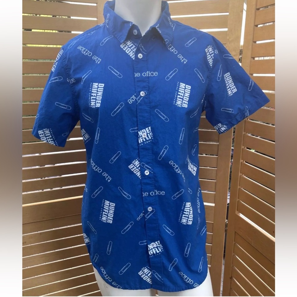 The Office Button Front Woven Short Sleeve Shirt Royal Blue Dunder Mifflin Paper